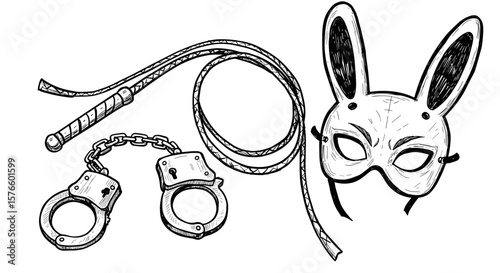 Ink sketch of adult toys in black and white vector illustration – whip, bunny mask, and handcuffs