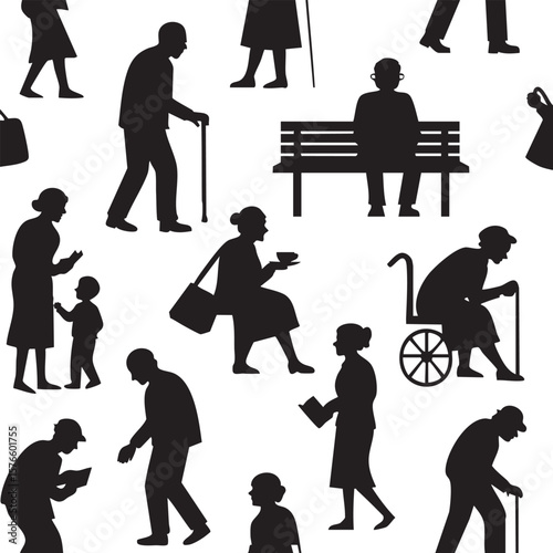 Silhouette Seamless Pattern Elderly People Activities