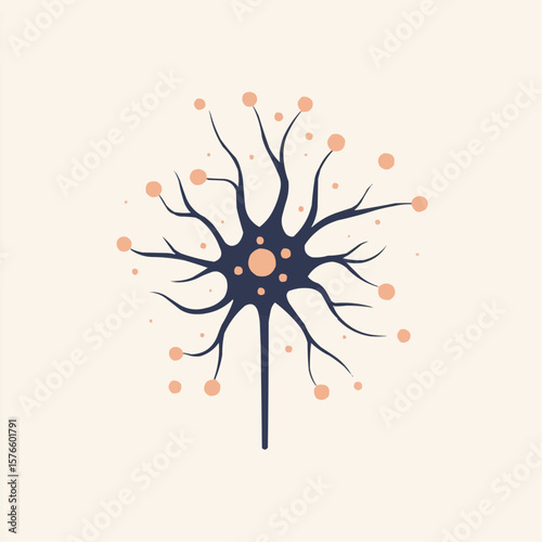 Flat neuron icon with axon in soft minimal design, symbolizing brain wellness, memory and cognitive health, perfect for wellness packaging, healthcare labels or mental health projects