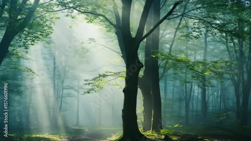Sunbeams Through Misty Forest Canopy