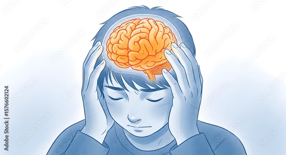 Obraz premium A person experiencing a headache, with an illuminated brain visible.