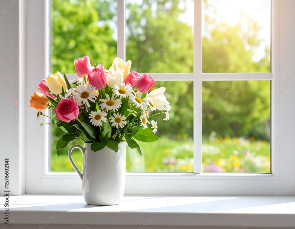Spring bouquet on windowsill Spring bouquet on windowsill