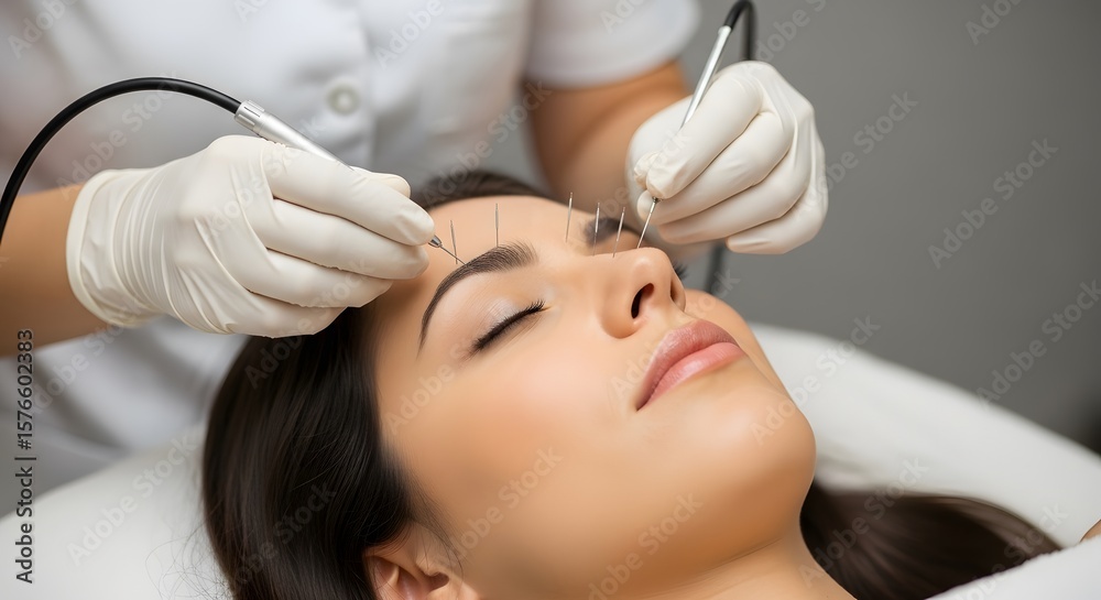 Woman receiving professional eyebrow electrolysis treatment. Woman receiving professional eyebrow electrolysis treatment.