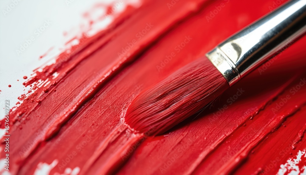 Fototapeta premium Close-up macro shot of paintbrush creating vibrant red paint strokes on canvas. Textured brushwork artist hand-made technique with acrylic medium on white surface, emphasizing creativity, expression.