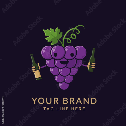Cute Grape Mascot with Bottle Cartoon Logo Vector