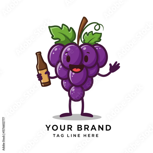 Cute Grape Mascot with Bottle Cartoon Logo Vector