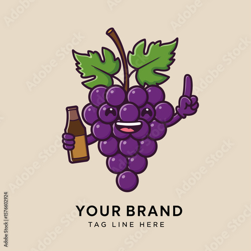 Cute Grape Mascot with Bottle Cartoon Logo Vector