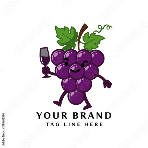 Cute Grape Mascot with Bottle Cartoon Logo Vector