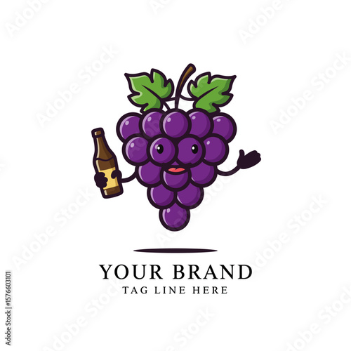 Cute Grape Mascot with Bottle Cartoon Logo Vector