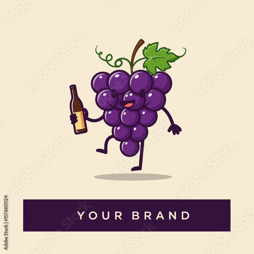 Cute Grape Mascot with Bottle Cartoon Logo Vector