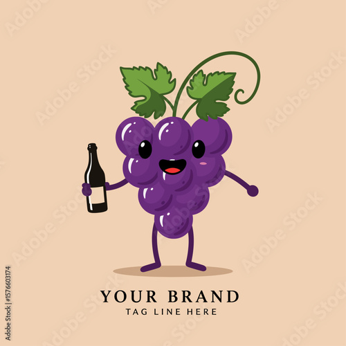 Cute Grape Mascot with Bottle Cartoon Logo Vector