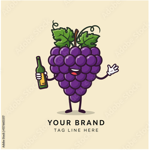 Cute Grape Mascot with Bottle Cartoon Logo Vector