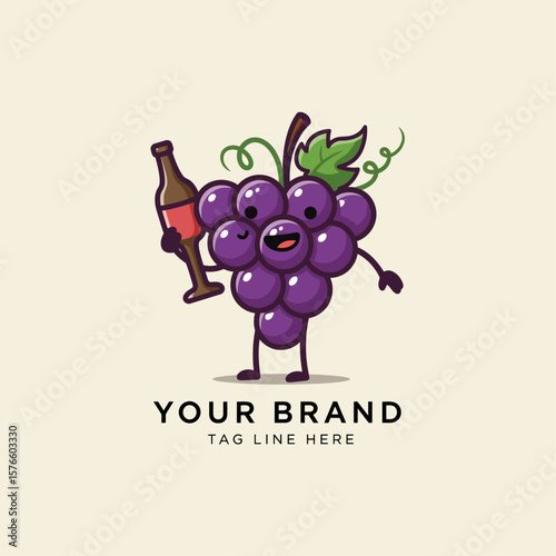 Cute Grape Mascot with Bottle Cartoon Logo Vector
