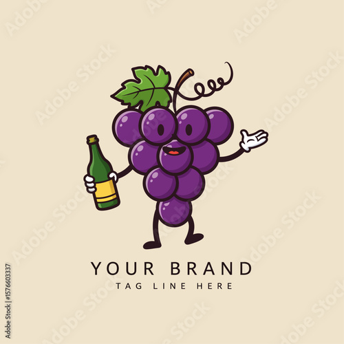Cute Grape Mascot with Bottle Cartoon Logo Vector