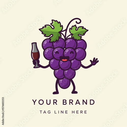 Cute Grape Mascot with Bottle Cartoon Logo Vector