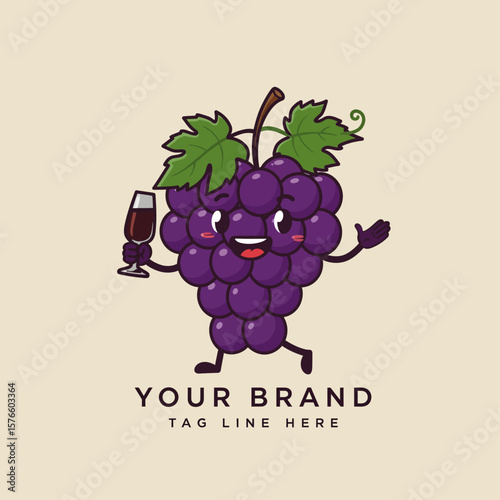 Cute Grape Mascot with Bottle Cartoon Logo Vector