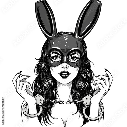 Vintage ink sketch of a woman wearing a bunny mask and handcuffs – adult toys concept