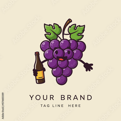 Cute Grape Mascot with Bottle Cartoon Logo Vector