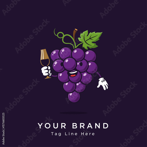 Cute Grape Mascot with Bottle Cartoon Logo Vector