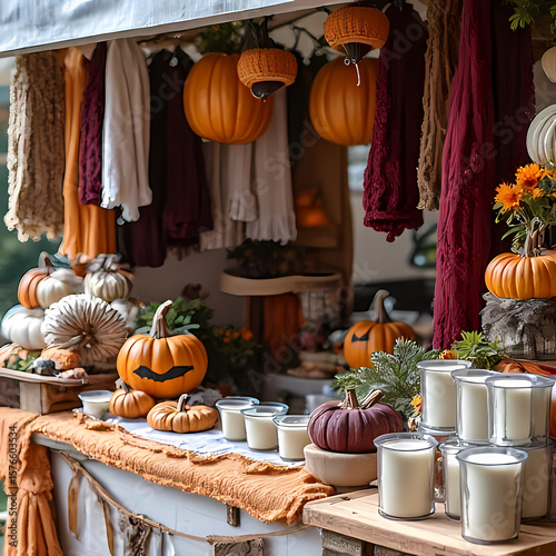 A cozy autumn craft fair booth showcasing handmade knit scarves, candles, and pumpkin-themed decor