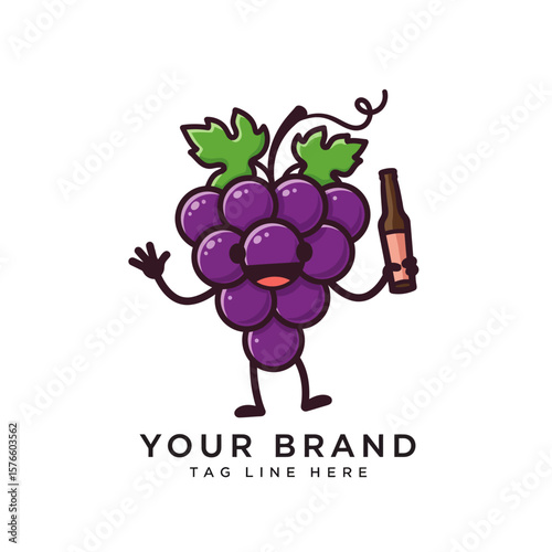Cute Grape Mascot with Bottle Cartoon Logo Vector