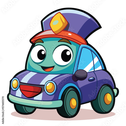 Cartoon police car with large eyes and a happy face