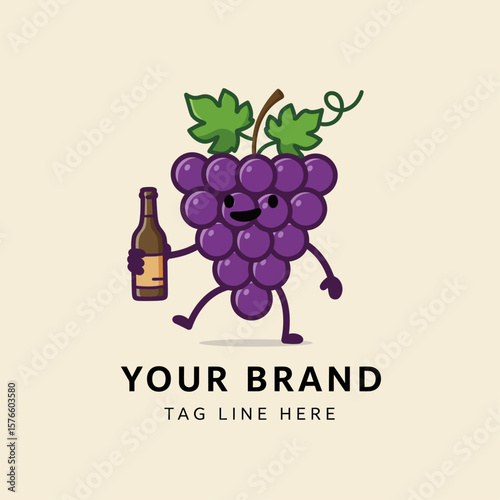 Cute Grape Mascot with Bottle Cartoon Logo Vector