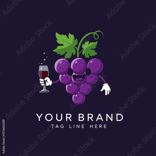 Cute Grape Mascot with Bottle Cartoon Logo Vector