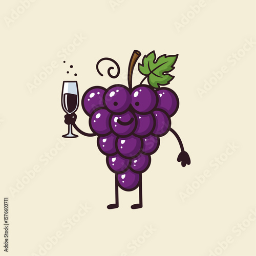 Cute Grape Mascot with Bottle Cartoon Logo Vector