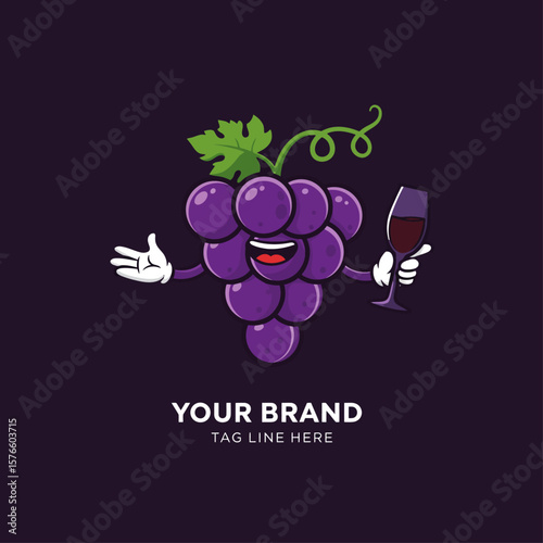 Cute Grape Mascot with Bottle Cartoon Logo Vector