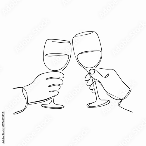 一筆書きの乾杯する手とワイングラス