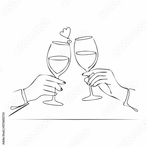 一筆書きの乾杯する手とワイングラス