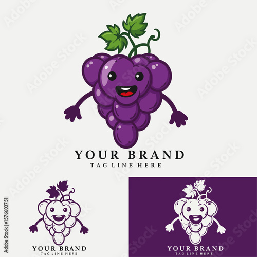 Cute Grape Mascot with Bottle Cartoon Logo Vector