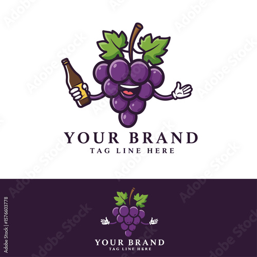 Cute Grape Mascot with Bottle Cartoon Logo Vector