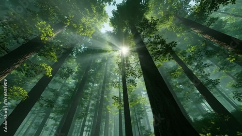 Sunlight Beams Through Redwood Forest Canopy
