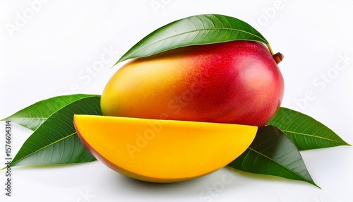 whole and slice ripe mango fruit with green leaves isolated on white background