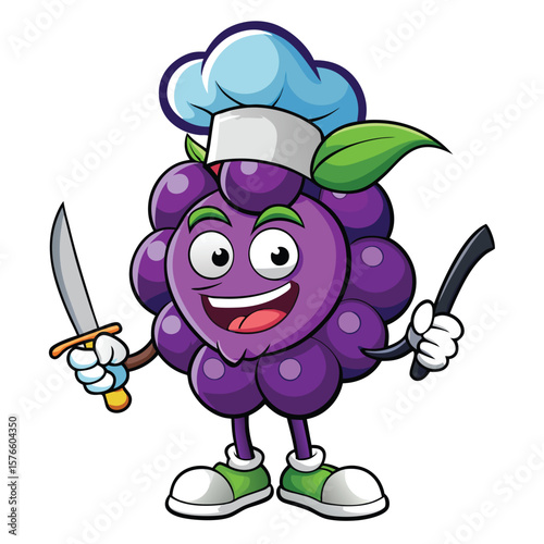 Cartoon grape chef character with a chef's hat, holding a knife and spatula