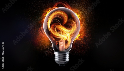 abstract energy flow inside a light bulb with fiery swirls