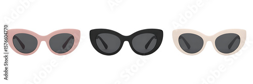 Three cat eye sunglasses in pink black and cream colors with dark lenses on a white background