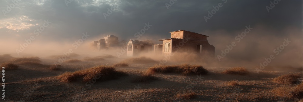 Fototapeta premium Dust storm sweeping through abandoned desert townscape