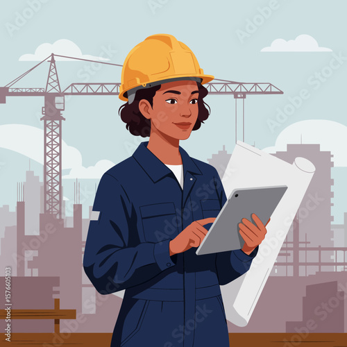 A female construction worker in a blue jumpsuit and yellow hard hat uses a tablet while reviewing blueprints, with a building site and crane in the background.