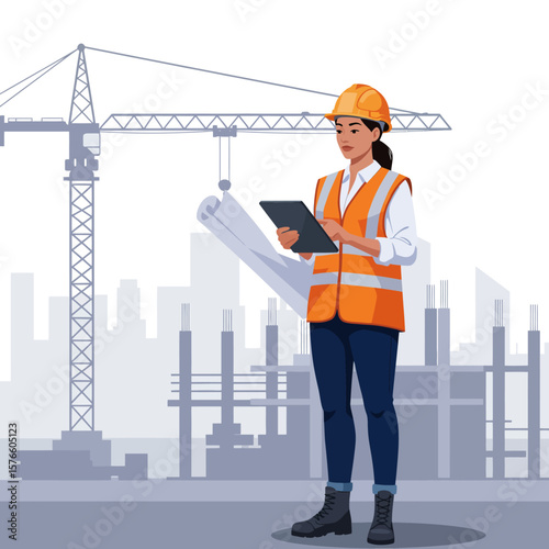 A confident female construction engineer in a hard hat and safety vest reviews blueprints and a tablet at a busy urban building site.