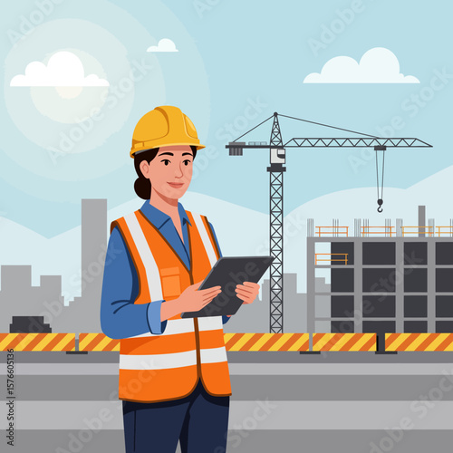 A female construction worker in a hard hat and safety vest reviews plans on a tablet at a building site with a crane and city skyline in the background.