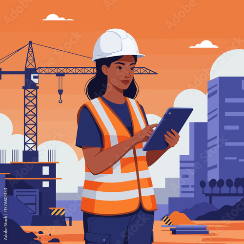 A female construction worker in a hard hat and safety vest uses a tablet on a building site with cranes and structures.
