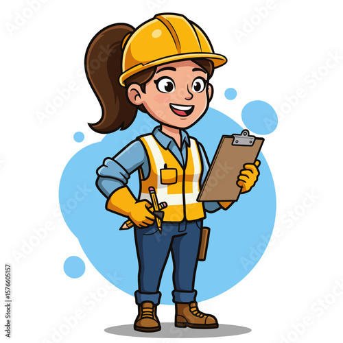 Friendly female construction worker in hard hat and safety vest holding a clipboard and pencil, ready for site inspection and planning.