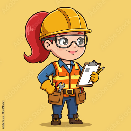 A charming cartoon illustration depicts a diligent female construction worker wearing a hard hat and safety gear, holding a clipboard and pencil for inspection.