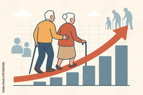 Aging society and world population problem. Workforce crisis from low birth rates and retiree increase. Elderly couple on a rising financial graph. Demographic issue concept.