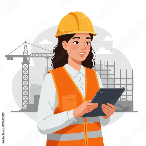 A confident female construction worker in a safety vest and hard hat uses a digital tablet at a busy building site.