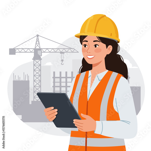 A smiling female construction engineer wearing a yellow hard hat and safety vest holds a tablet, overseeing a modern urban development site with cranes.