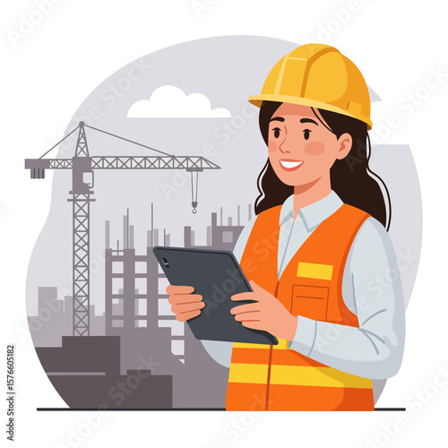 Professional woman architect or civil engineer in a hard hat and safety vest uses a digital tablet at an active urban construction site.